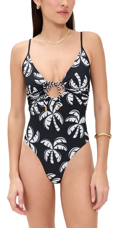 Farm Rio Graphic Palms Double One Piece Graphic Palms Black