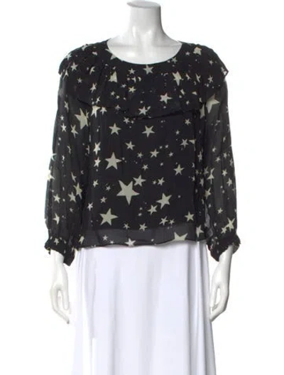 Pre-owned Farm Rio Graphic Print Crew Neck Blouse In Black