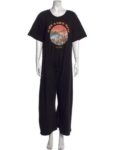 Pre-owned Farm Rio Graphic Print Crew Neck Jumpsuit In Black