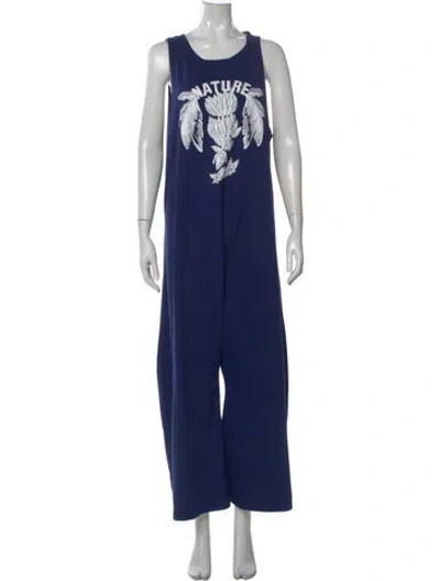 Pre-owned Farm Rio Graphic Print Crew Neck Jumpsuit In Blue
