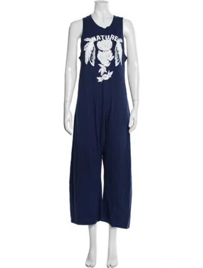Pre-owned Farm Rio Graphic Print Crew Neck Jumpsuit In Blue