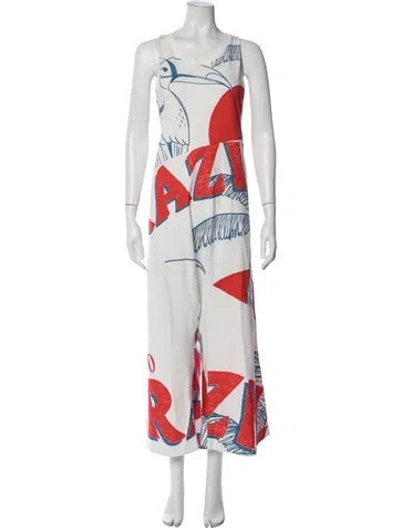 Pre-owned Farm Rio Graphic Print Crew Neck Jumpsuit In White