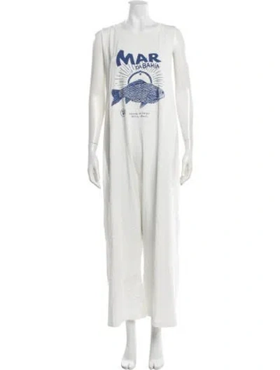 Pre-owned Farm Rio Graphic Print Crew Neck Jumpsuit In White