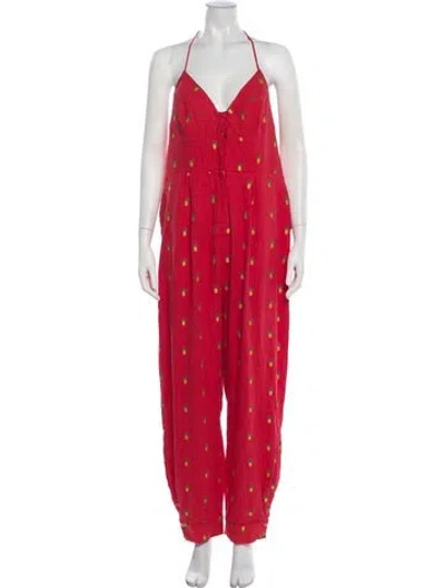 Pre-owned Farm Rio Graphic Print Halterneck Jumpsuit In Red