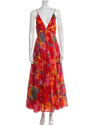Pre-owned Farm Rio Graphic Print Long Dress W/ Tags In Red