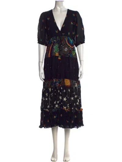 Pre-owned Farm Rio Graphic Print Midi Length Dress In Black