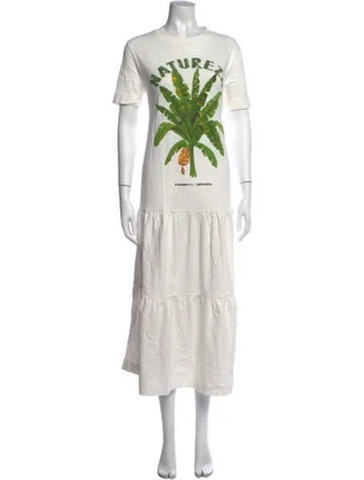 Pre-owned Farm Rio Graphic Print Midi Length Dress In White