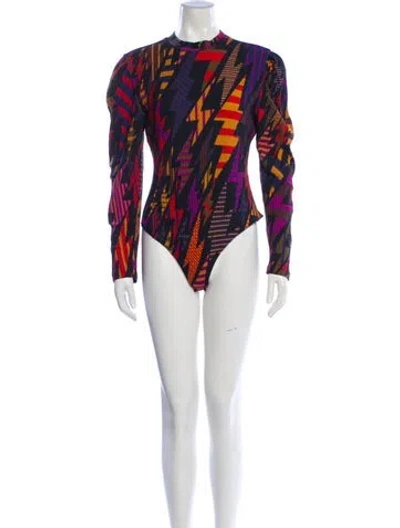 Pre-owned Farm Rio Graphic Print Mock Neck Bodysuit In Black