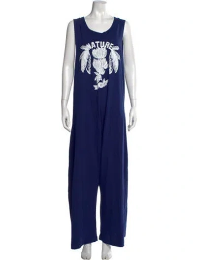 Pre-owned Farm Rio Graphic Print Scoop Neck Jumpsuit In Blue