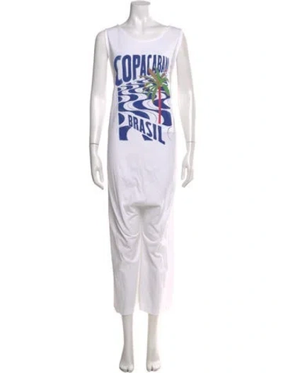 Pre-owned Farm Rio Graphic Print Scoop Neck Jumpsuit In White