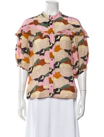 Pre-owned Farm Rio Graphic Print Short Sleeve Blouse In Pink