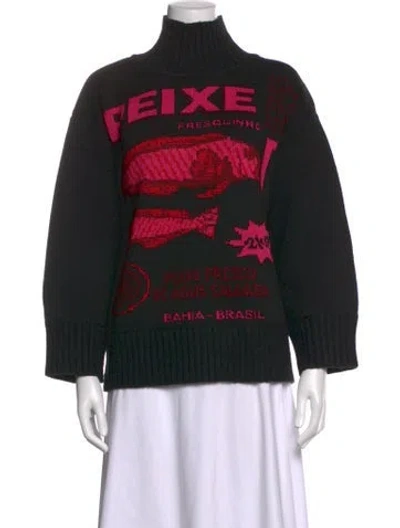 Pre-owned Farm Rio Graphic Print Turtleneck Sweater In Black