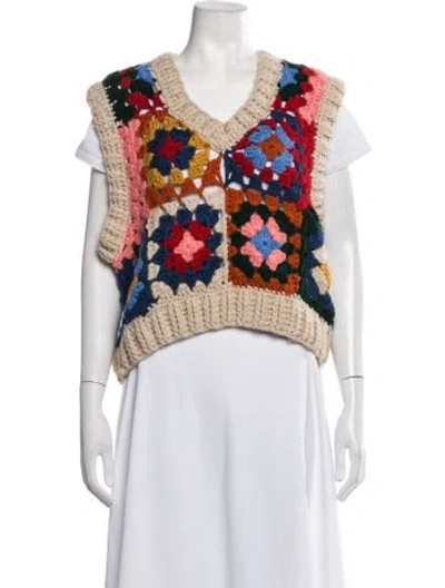 Pre-owned Farm Rio Graphic Print V-neck Sweater In White