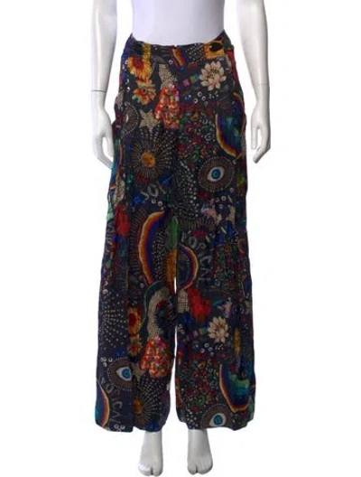 Pre-owned Farm Rio Graphic Print Wide Leg Pants In Black