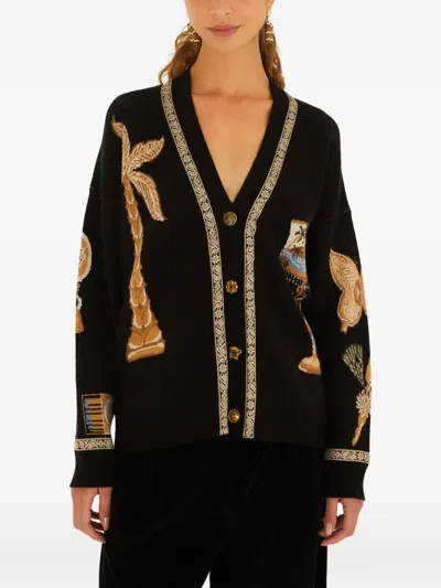 Farm Rio Graphic-intarsia V-neck Cardigan In Black