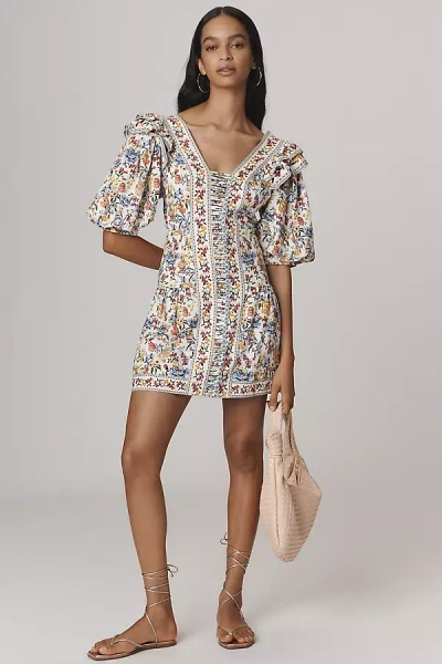 Farm Rio Greek Garden Linen Blend Short-sleeve V-neck Mini Dress In White