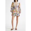 Farm Rio Greek Garden Long Sleeve Plunge Neck Cotton Romper In White Floral