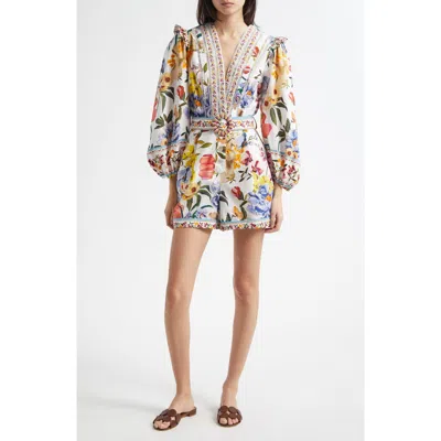 Farm Rio Greek Garden Long Sleeve Plunge Neck Cotton Romper In White Floral