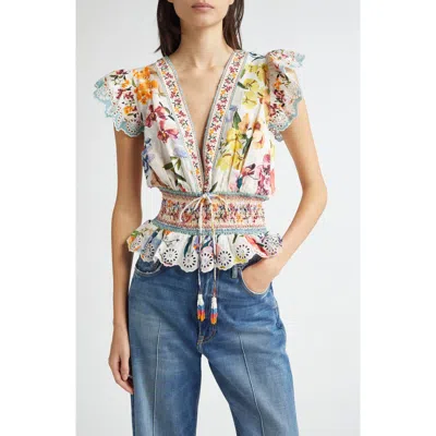 Farm Rio Greek Garden Swiss Dot Flutter Sleeve Plunge Neck Cotton Top In Off-white