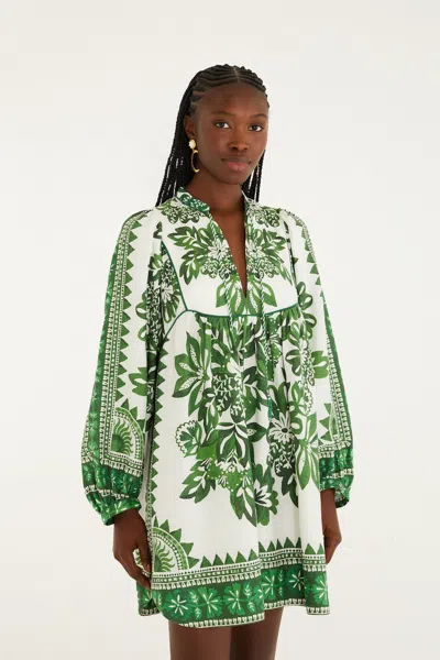 Farm Rio Green Flora Tapestry Lenzing Ecovero Euroflax Mini Dress In Multi