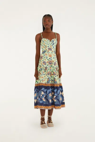 Farm Rio Green Floral Delhi Tapestry Beaded Straps Midi Dress In Multi