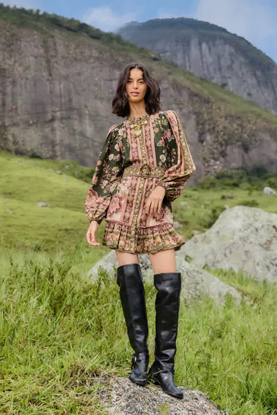Farm Rio Green Flowering Garden Tree Mini Dress In Multi