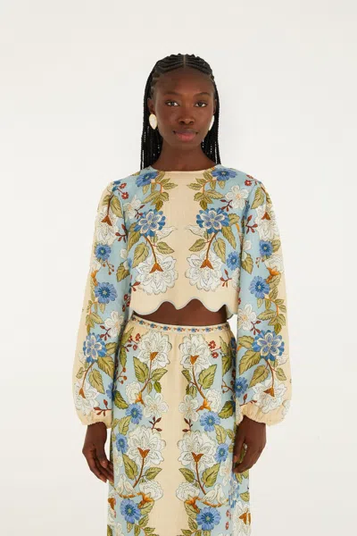 Farm Rio Green Garden Scarf Euroflax Premium Linen Blouse In Multi