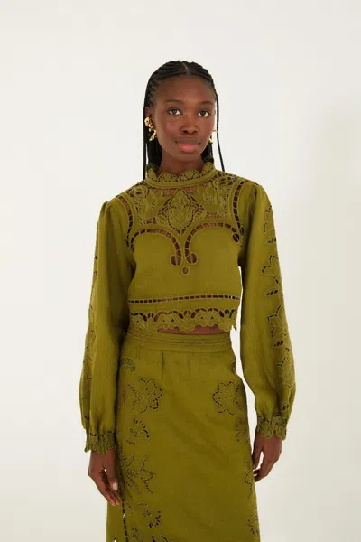 Farm Rio Green Majestic Garden Euroflax Premium Linen Richelieu Blouse