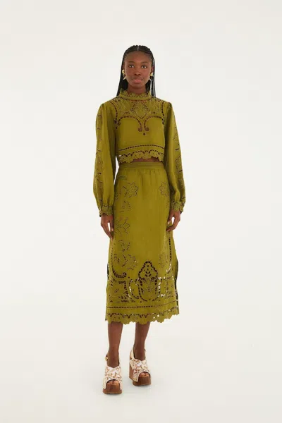 Farm Rio Green Majestic Garden Euroflax Premium Linen Richelieu Midi Skirt