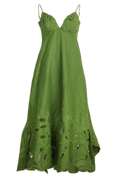 Farm Rio Green Monstera Embroidered Euroflax Premium Linen Midi Dress