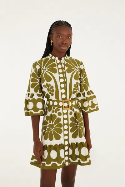 Farm Rio Green Palermo Belted Organic Cotton Mini Dress In Multi