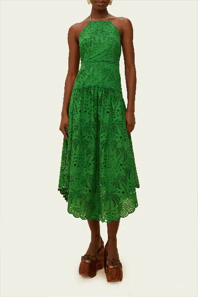 Farm Rio Green Palm Tree Eyelet Midi Dress