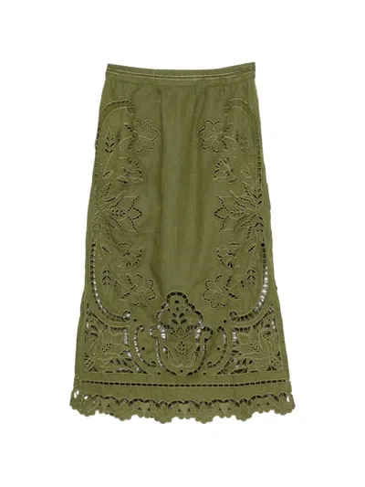 Farm Rio Majestic Garden Green Skirt With Floral Cut-out And All-over Embroidery In Linen Woman