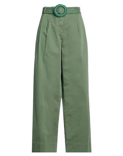 Farm Rio Green Twill Wide Pants With Pleats And Belt Woman Pants Green Size 32 Cotton, Elastane