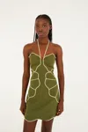 Farm Rio Green Wavy Trim Halter Neck Lenzing Ecovero Euroflax Mini Dress In Green