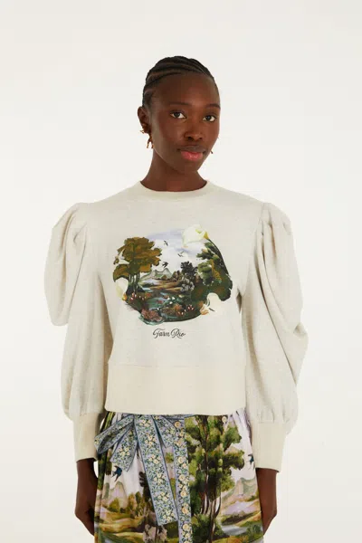 Farm Rio Grey Countryside Landscape Puff Sleeve Sweater In Off-white