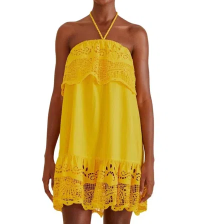 Farm Rio Guipure Lace Halter Linen Blend Cover-up Minidress In Yellow