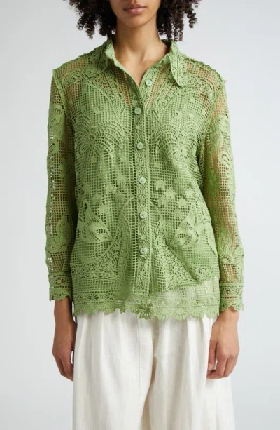 Farm Rio Guipure Lace Button-up Shirt In Green