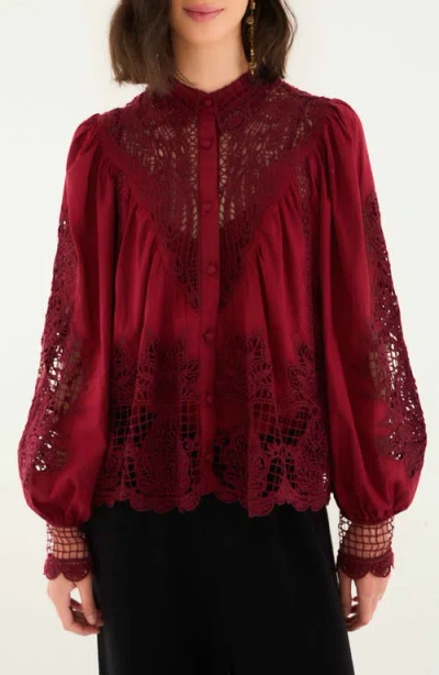 Farm Rio Guipure Lace Cotton Button-up Shirt In Red