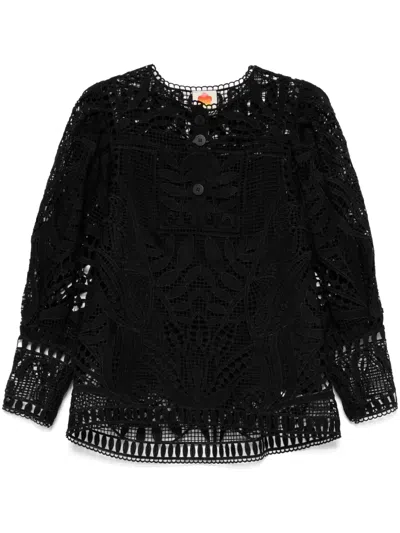 Farm Rio Guipure-lace Puff-sleeve Blouse In Black