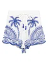 Farm Rio Blue Shorts With Elastic Drawstring Waist And All-over Palm Embroidery In White