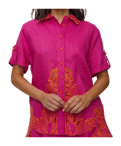 Farm Rio Guipure-lace-trim Short-sleeve Shirt In Pink