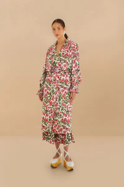 Farm Rio Halftone Pink Bouganvillea Oversized Trench Coat In Halftone Pink Bouganvillea Off-white