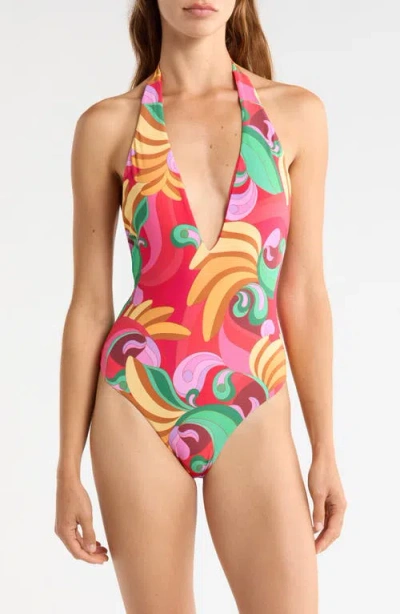 Farm Rio Halter Neck One-piece Swimsuit In Multi