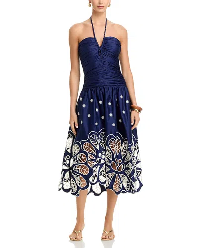 Farm Rio Halter Ruched Dress In Blue