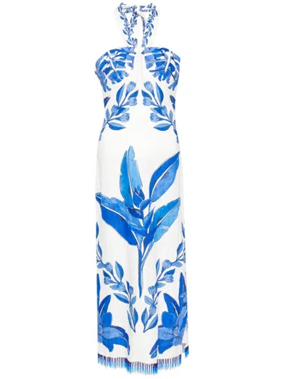 Farm Rio Halterneck Floral-print Maxi Dress In Blue