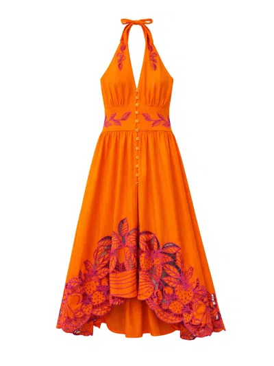 Farm Rio Halterneck Midi Dress With Front Buttons And Floral Embroidery In Orange