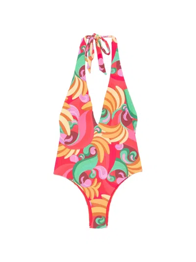 Farm Rio Printed One-piece Swimsuit With Lace-up Retro Neckline In Multi