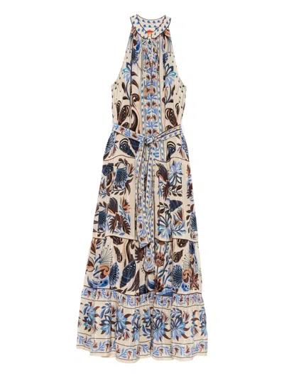 Farm Rio Halterneck Tiered Midi Dress In Blue