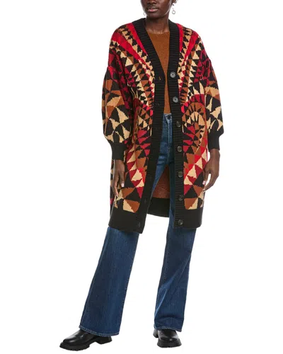 Farm Rio Heart Deco Black Maxi Knit Wool-blend Cardigan In Animal Print